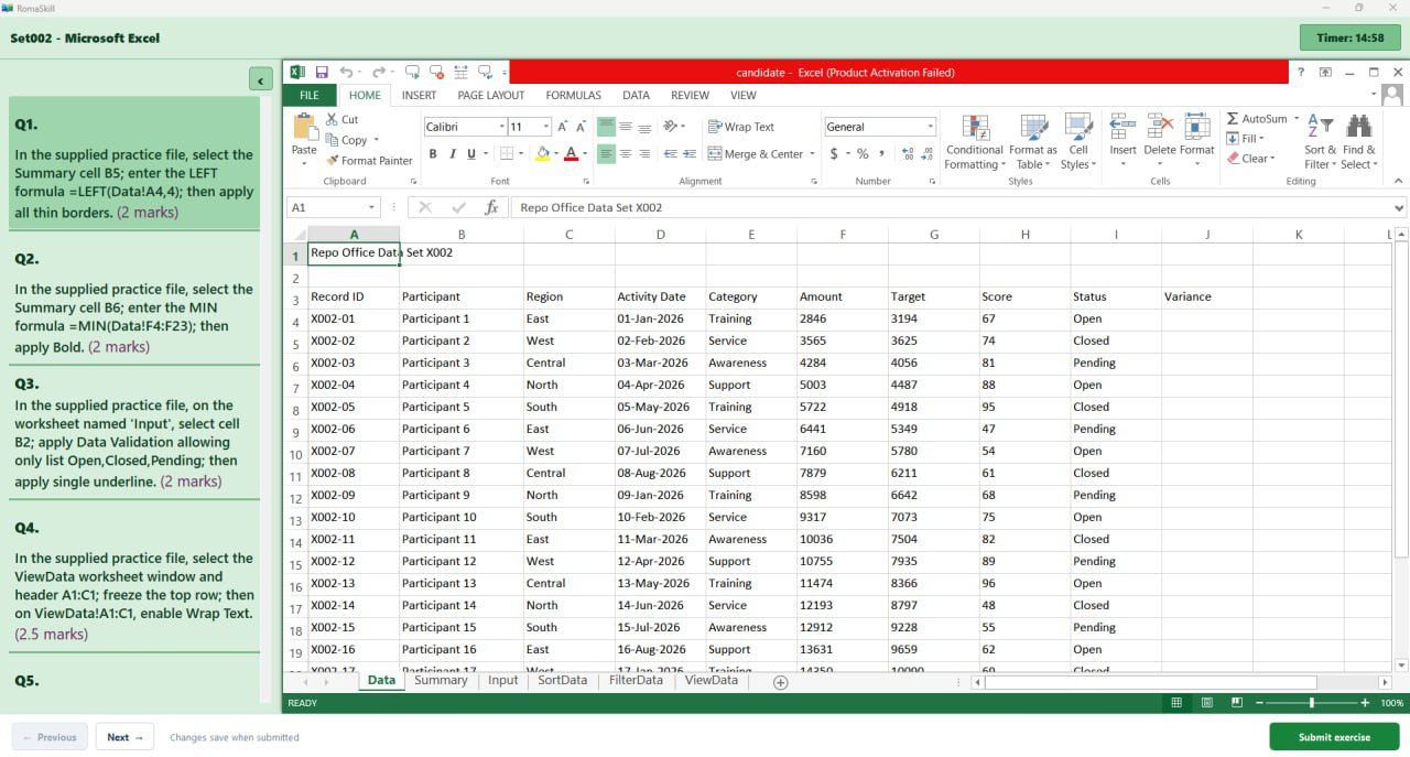 Microsoft Excel practice exercise displayed inside Roma Skill