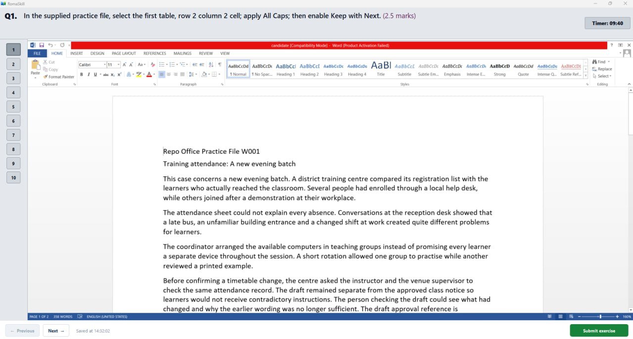 Microsoft Word practice exercise with English instructions displayed inside Roma Skill